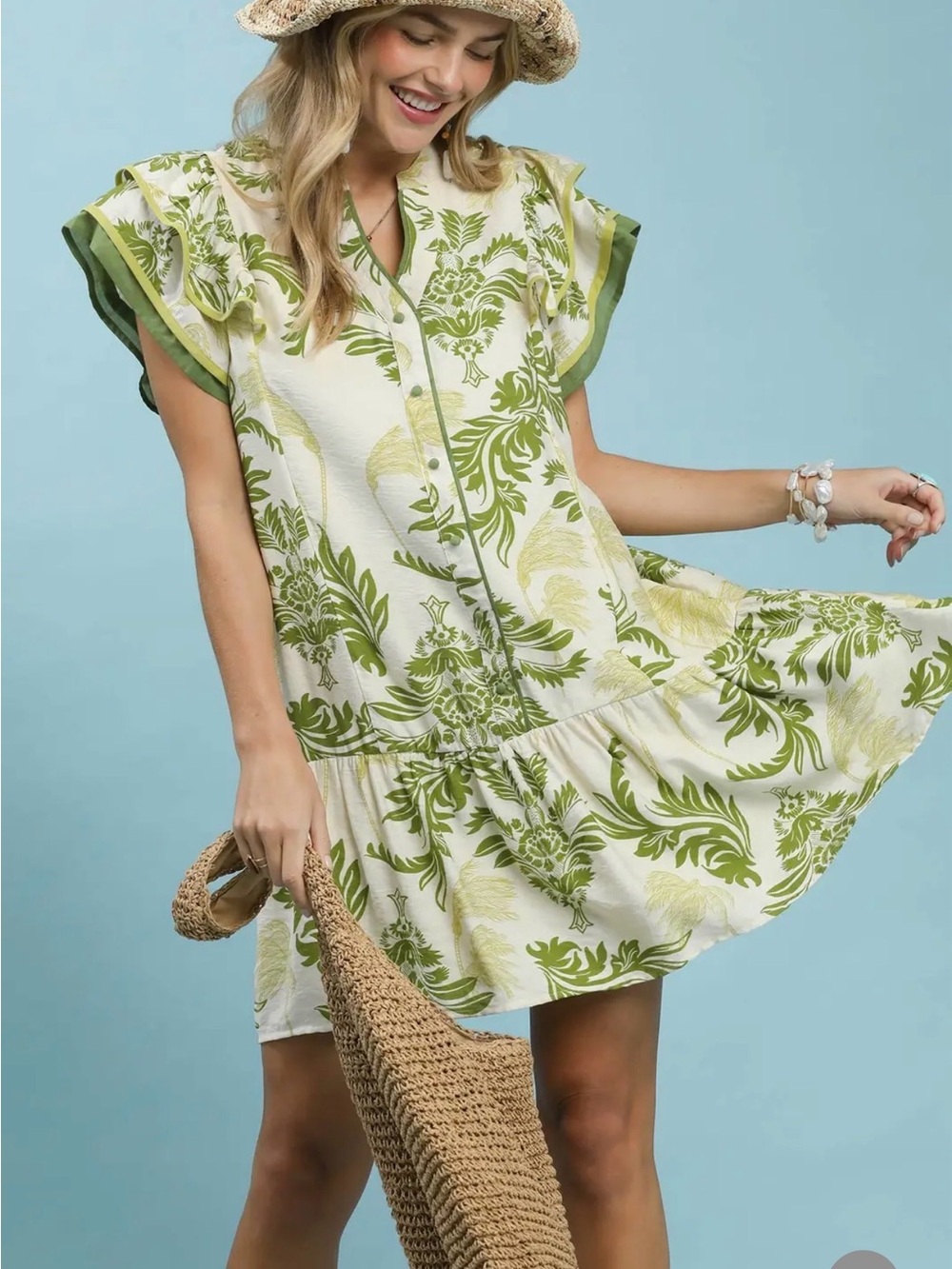 Sage Toile Print Button-Front Placket Mini Dress with Dropped Ruffle Hem - Picture 3 of 5
